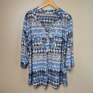 Emily Daniels Blue White Silver Metallic Shimmer Button Shirt Roll Up Sleeve 3X